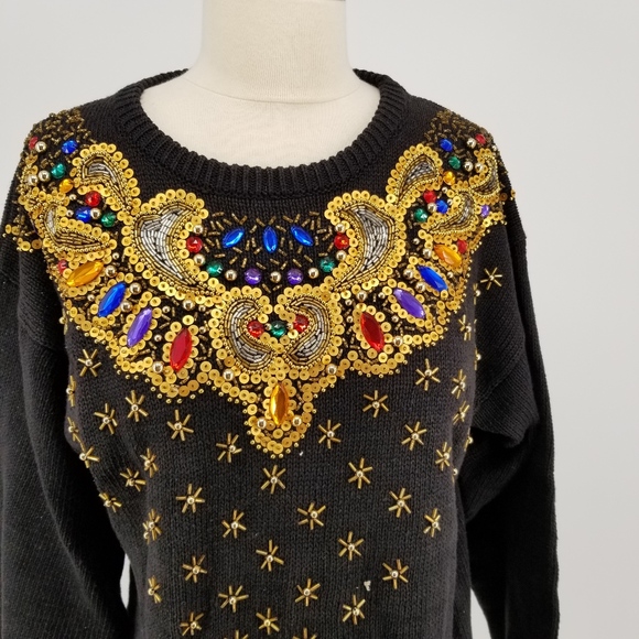 Vintage Sweaters - Vintage womens sweater gold sequins black Small